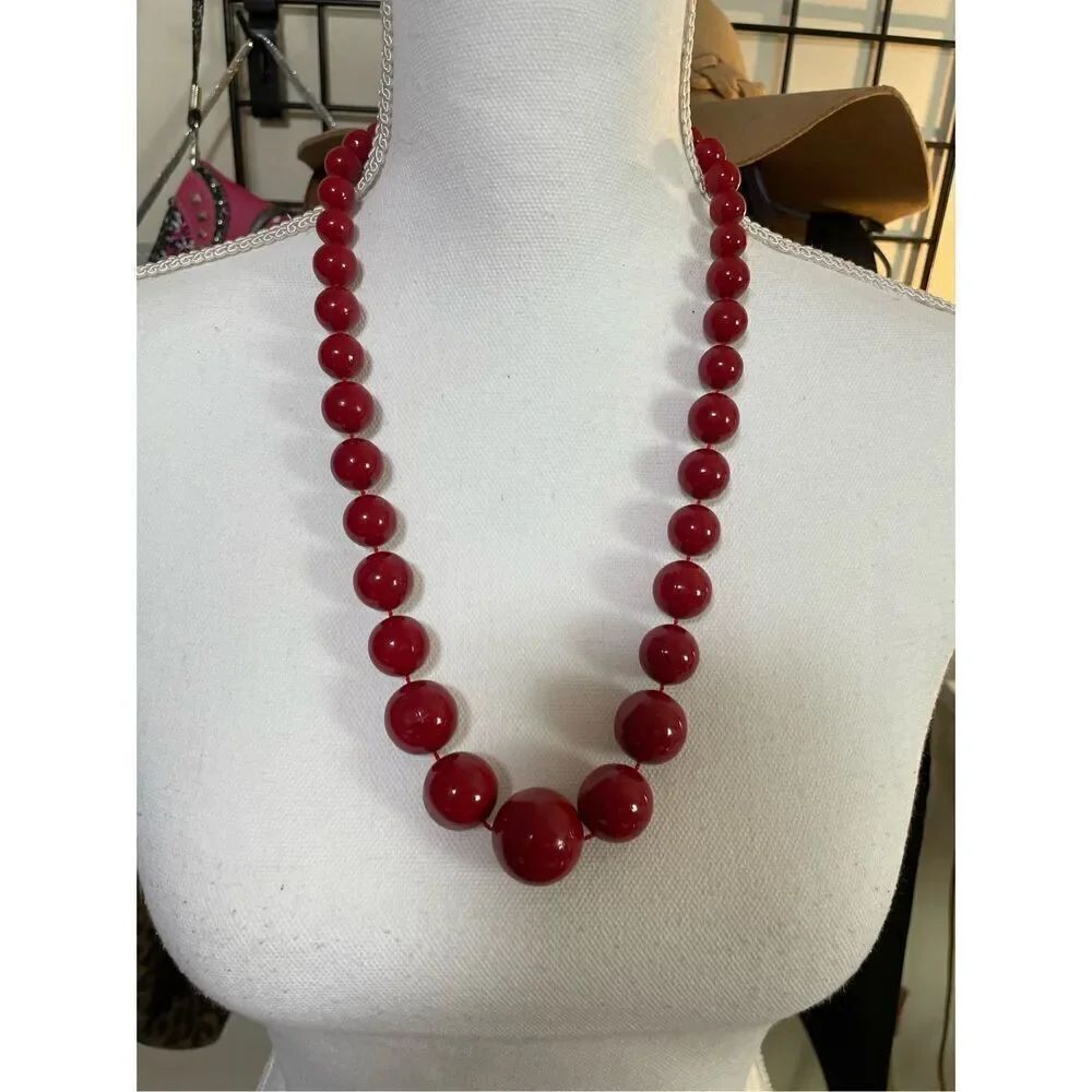 Red Beaded Pull Over Necklace Acrylic Big Beads No Clasp Style